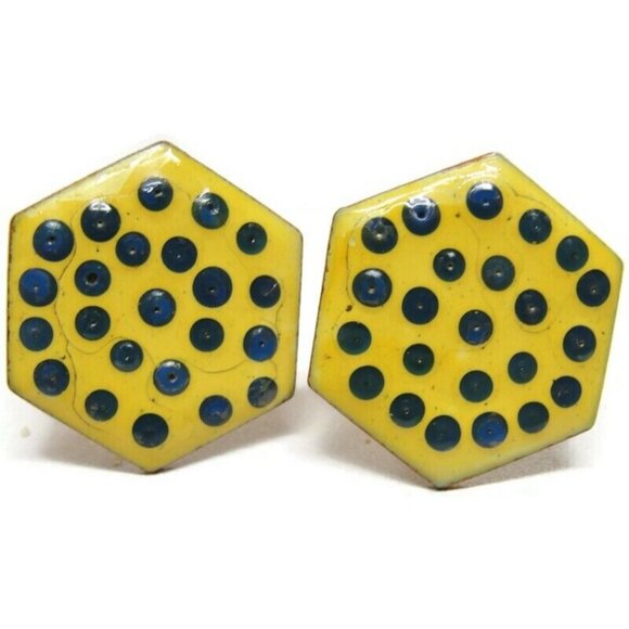 Yellow Dots Enamel Copper Cufflinks Shirt Accessories Wedding Vintage - Picture 2 of 12